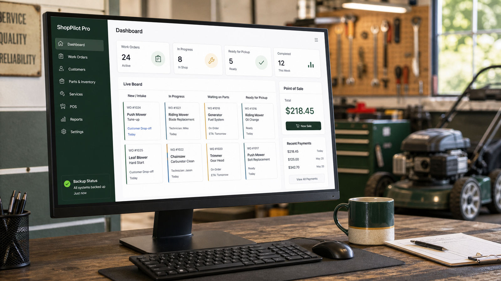 ShopPilot Pro dashboard shown on a repair shop counter